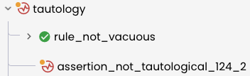 Screenshot of rule report showing a passing rule, a failing rule, and a sanity failure